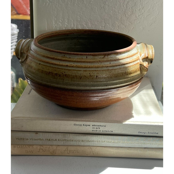 Studio Art Pottery Handmade Striped Speckled Mid Century Bowl 10” X 5.5" Signed - Picture 1 of 16